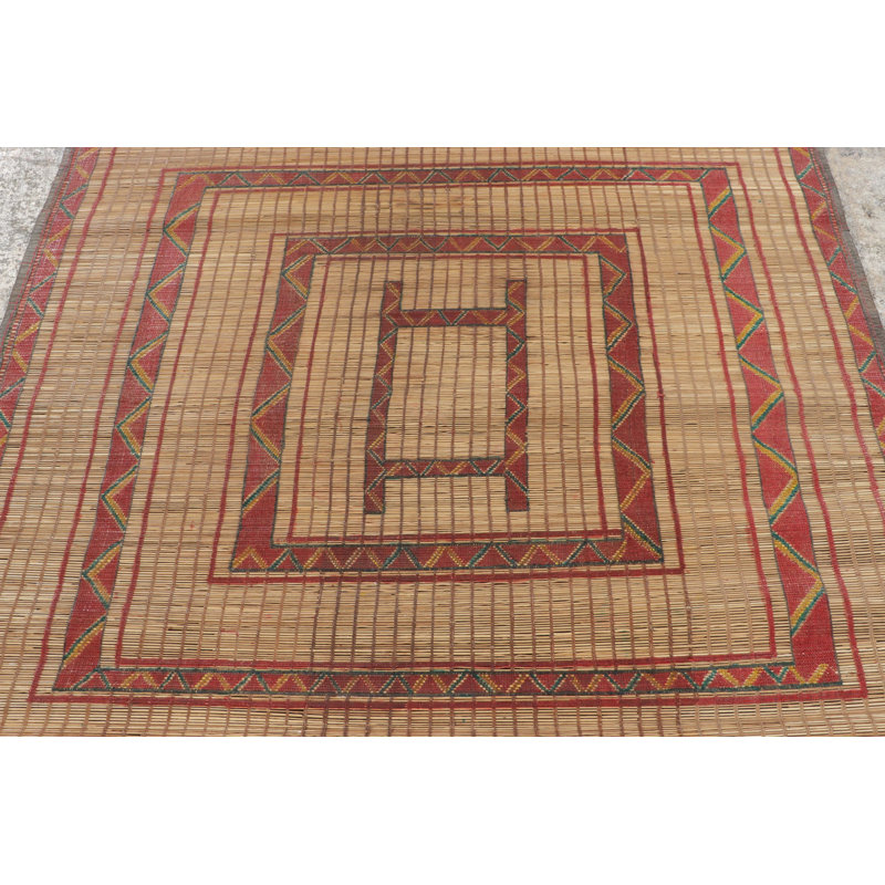 Vintage Square Tuareg Mat In Red And Green Tribal Geometric Patterns