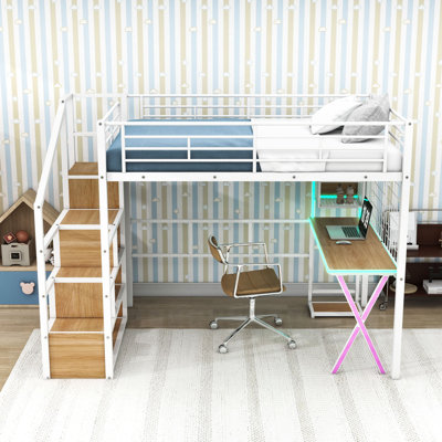 Metal Loft Bed with Built-in Desk, Storage Staircase, and LED Lights