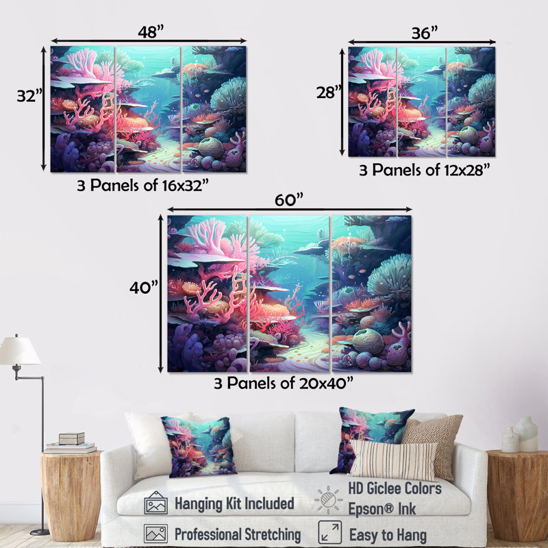 Ensemble de décorations murales turquoise et rose sous l'eau, Toile tendue, H 28 po x l 36 po x P 1 po