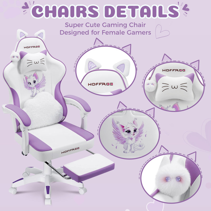 Gaming Chair For Girls With Cat Ears And Massage Lumbar Support Ergonomic Cute Computer Chair With Footrest Reclining Game Chairs For Adults