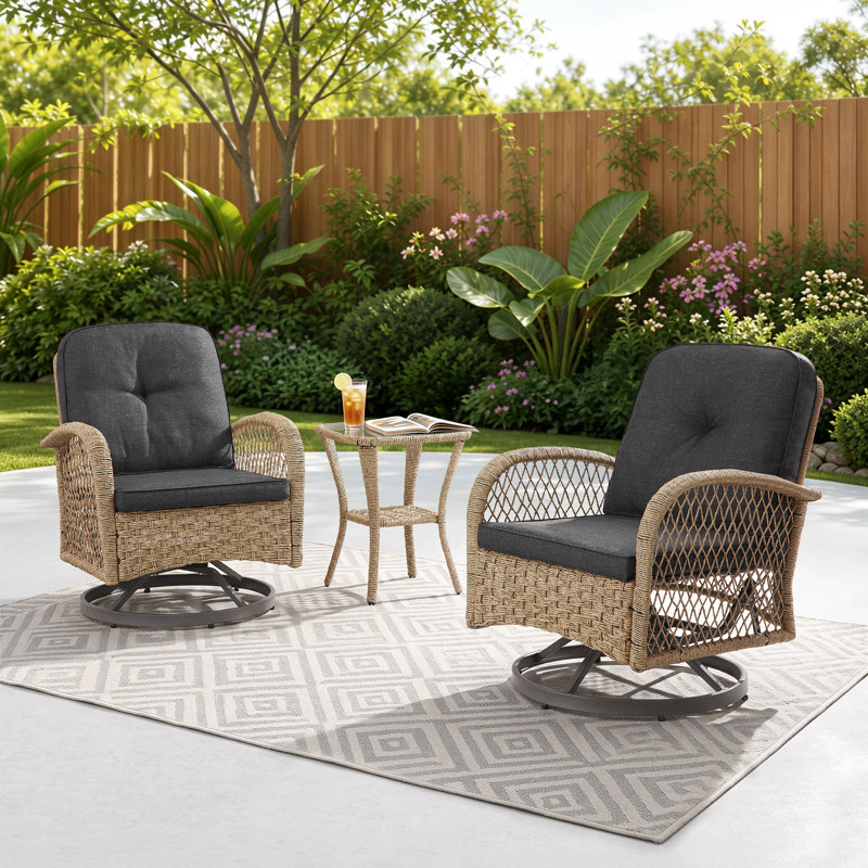 Ensemble de conversation de patio en osier pour 2 personnes avec chaises pivotantes et à plateau en verre Baecher