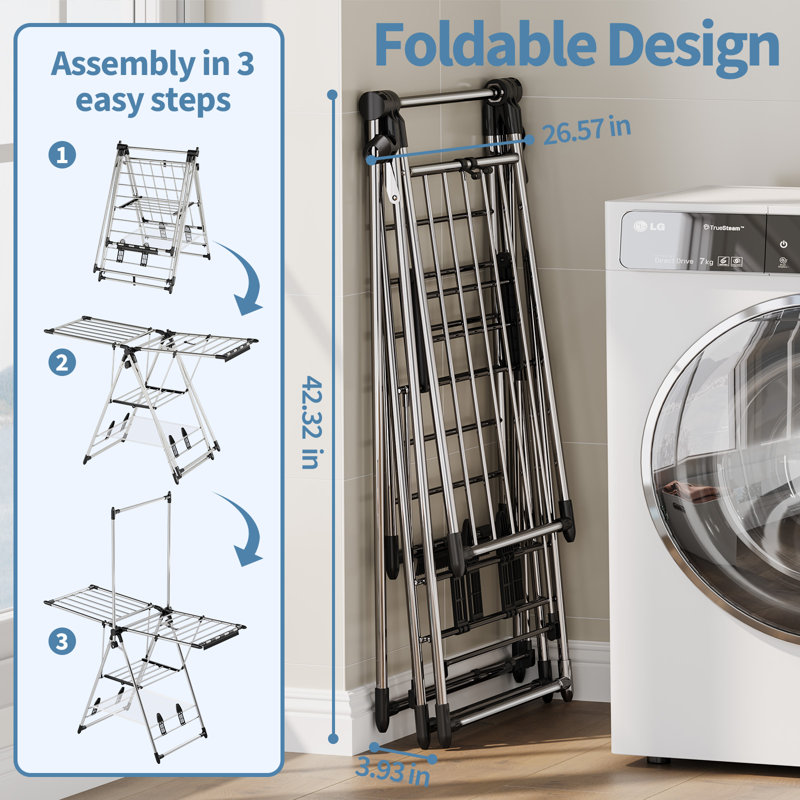 Clothes Drying Rack with High Hanger, Foldable 3-Level Drying Racks with Adjustable Wings Silver,Large Capacity Laundry Drying Rack,Laundry Hanging Rack,Laundry Rack