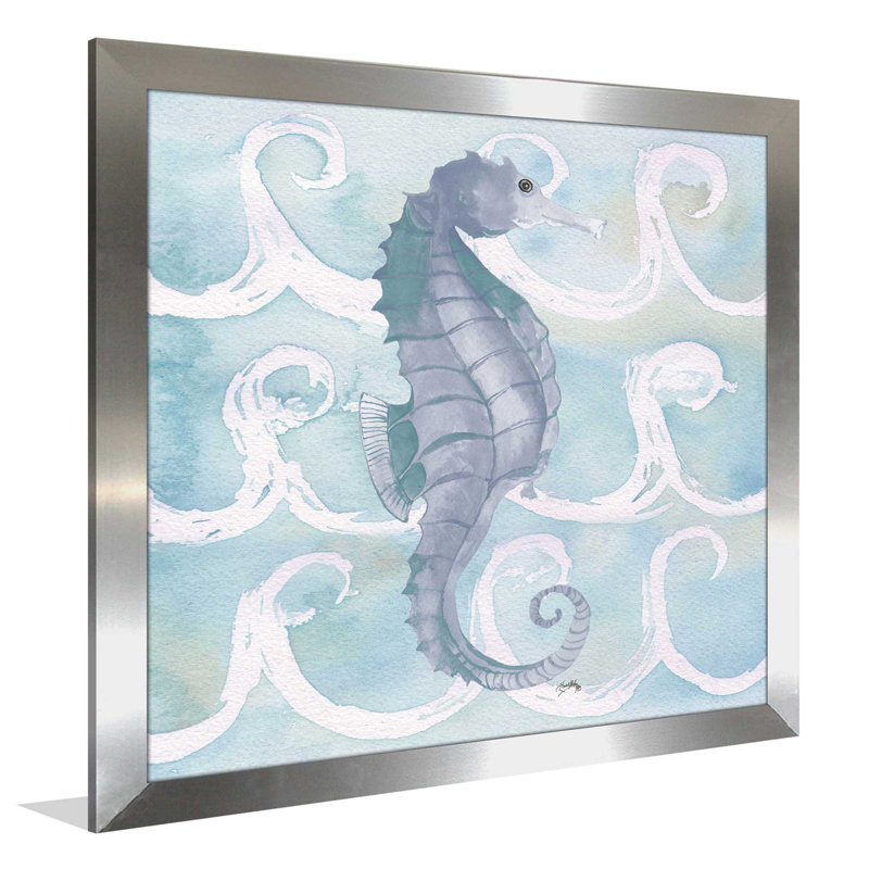 «Azure Sea Creatures III», reproduction de peinture à l'aquarelle, H 37,5 po x l 37,5 po x P 1 po, Encadrement argenté