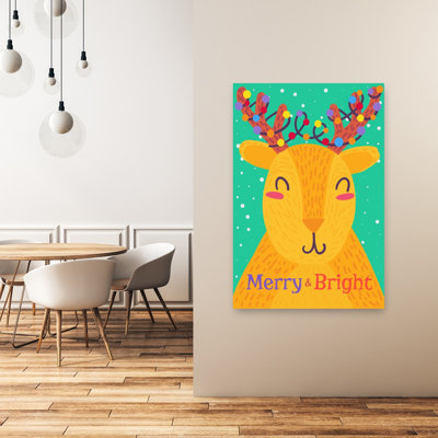 Smiling Reindeer Lights Colorful Whimsical Contemporary Deer Winter Wall Art Print
