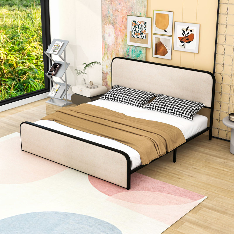 Structure de lit plateforme en métal avec tête de lit en tissu, Très grand