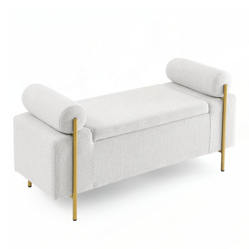Upholstered Storage Bench, White, Solid Wood
