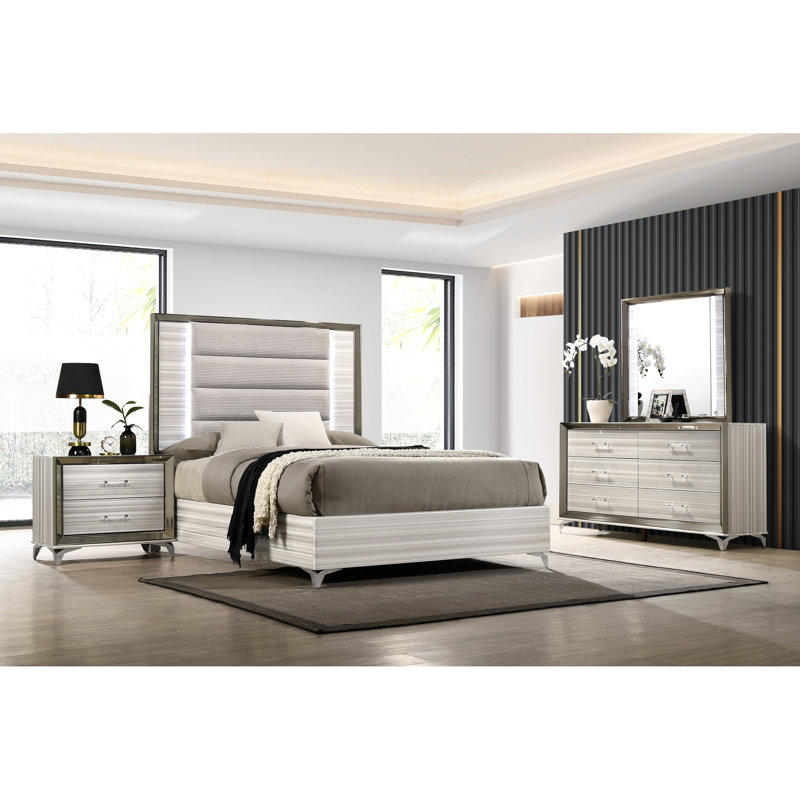 Table de chevet blanche Star - Design moderne, finition blanche, rangement spacieux, DEL intégrée, 2 tiroirs, compartiment de rangement spacieux à double coulissement, glissières, poignées