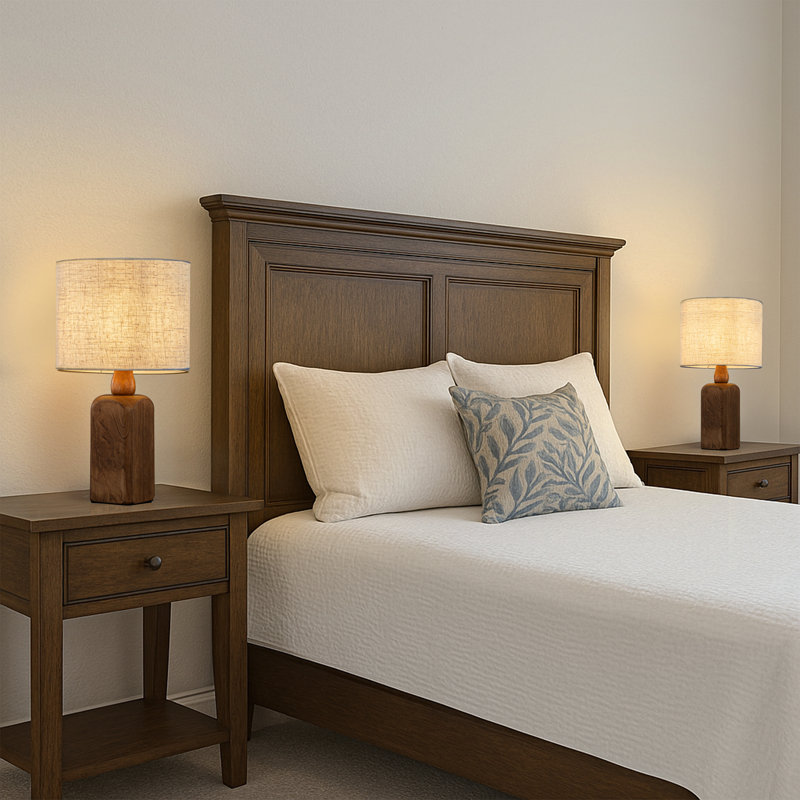 Farmhouse Traditional Natural Brown Solid Wood Base Table Lamp With Beige Fabric Shade For Bedroom Living Room