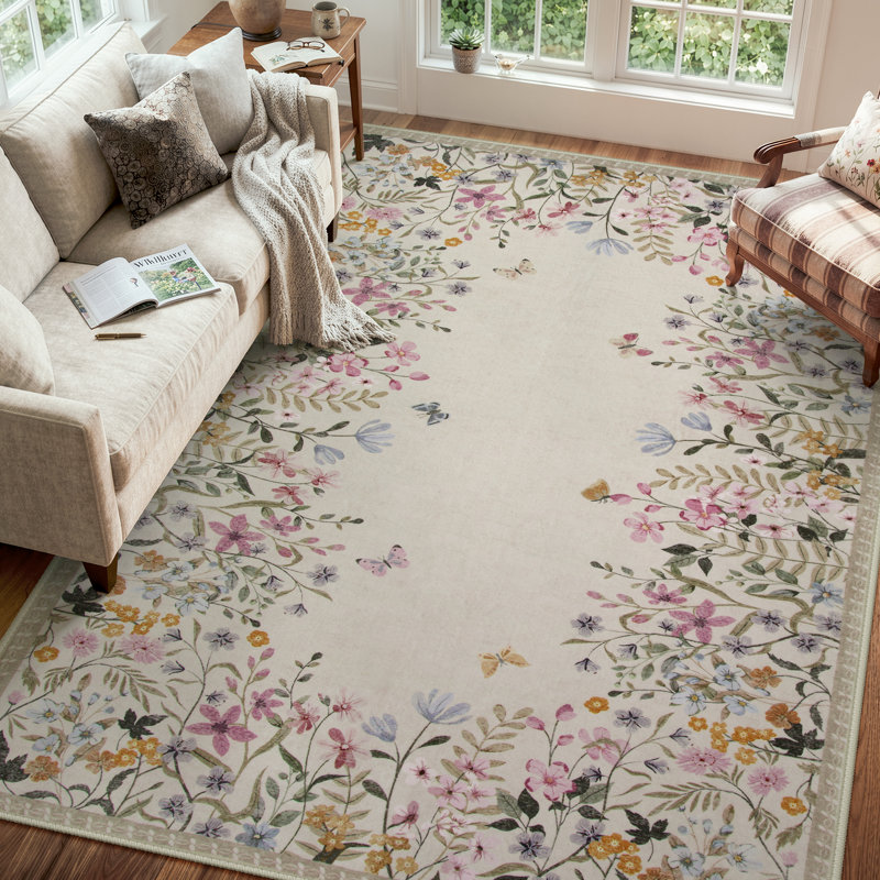 Floral Vintage Washable Beige 6X9 Area Rug with Non Slip Backing - Low Pile Durable Carpet for Living Room, Bedroom, Dining Room or Office Decor