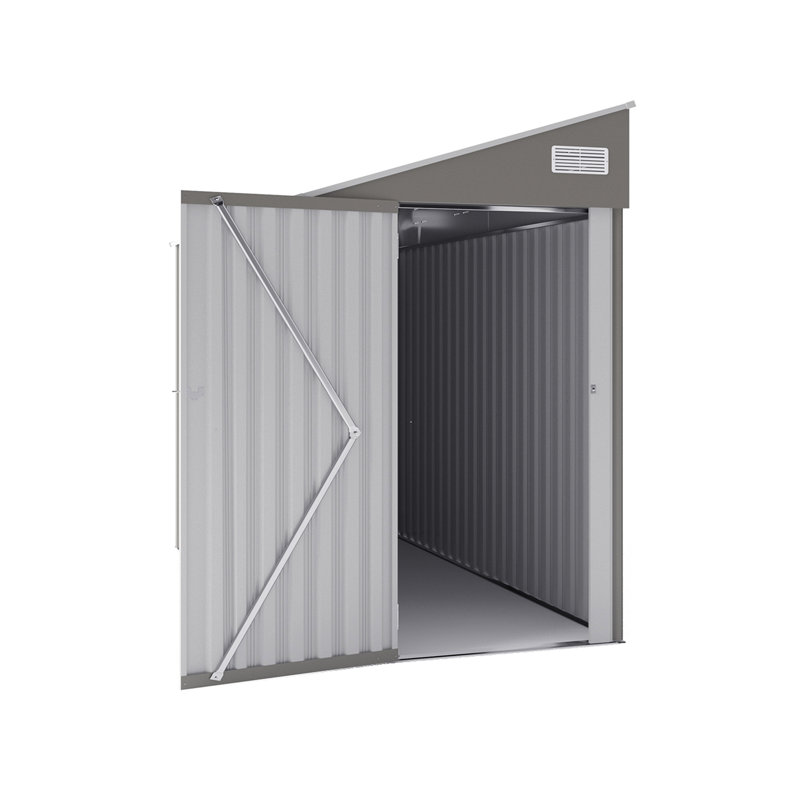 Remise de rangement en métal gris foncé de 4 pi 8 pi avec structure principale stable, porte latérale à charnière simple, fenêtres de ventilation et protection, idéale pour les salles de travail des chantiers de construction