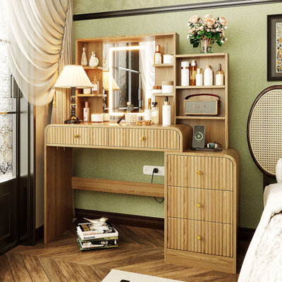 Meuble-lavabo cannelé avec miroir et lumières, 5 tiroirs, tablettes ouvertes et station de charge