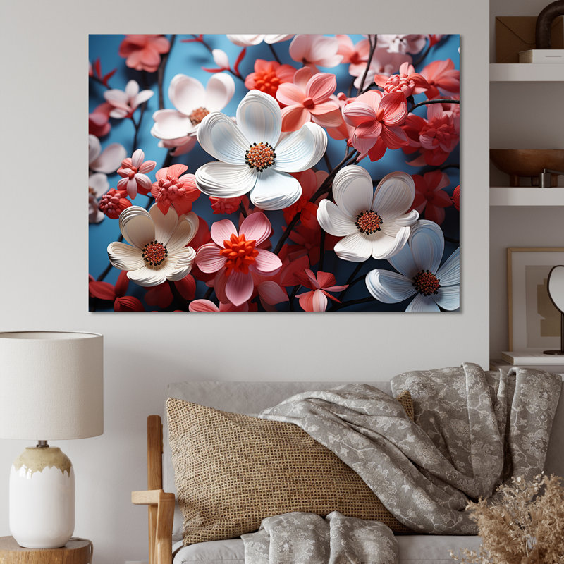 Fleurs de cornouiller blanches et roses sur toile, Toile tendue, H 30 po x l 40 po x P 1,5 po