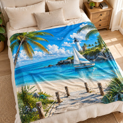 1Pcs Tropical Beach Sailboat Lighthouse Print Blanket – Single-Sided;Vibrant Ocean SceneryCozy Home DecorPerfect for Sofa and BedArtistic Outdoor LandscapeIdeal Gift. Bedding and sofa items
