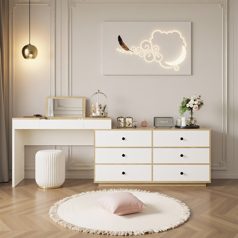 Bureau de coiffeuse en bois extensible avec miroir de maquillage et 6 tiroirs de rangement Carmavy, Blanc / Chêne