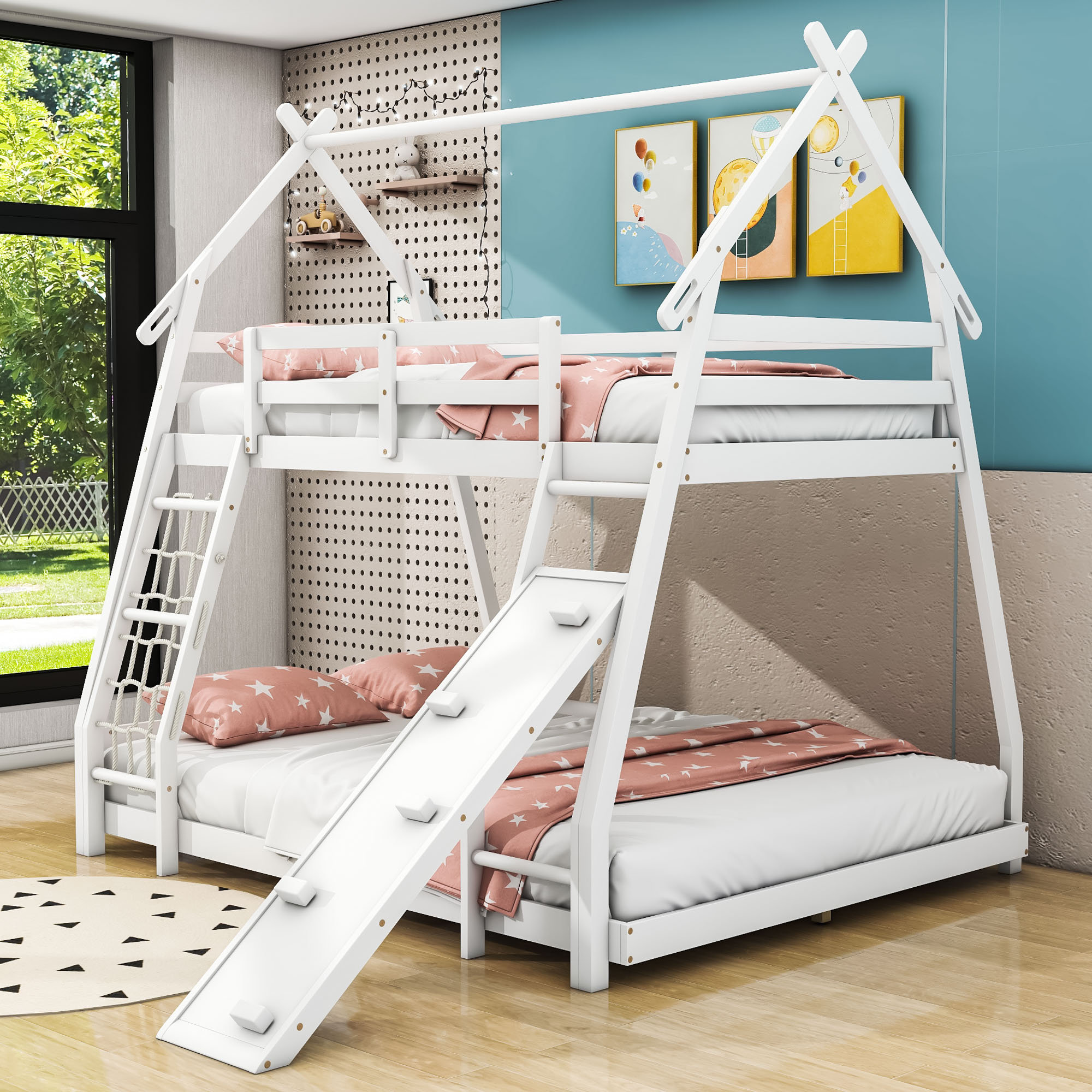 Harper Orchard Crestside Kids Twin Over Queen Bunk Bed with Slide and ...