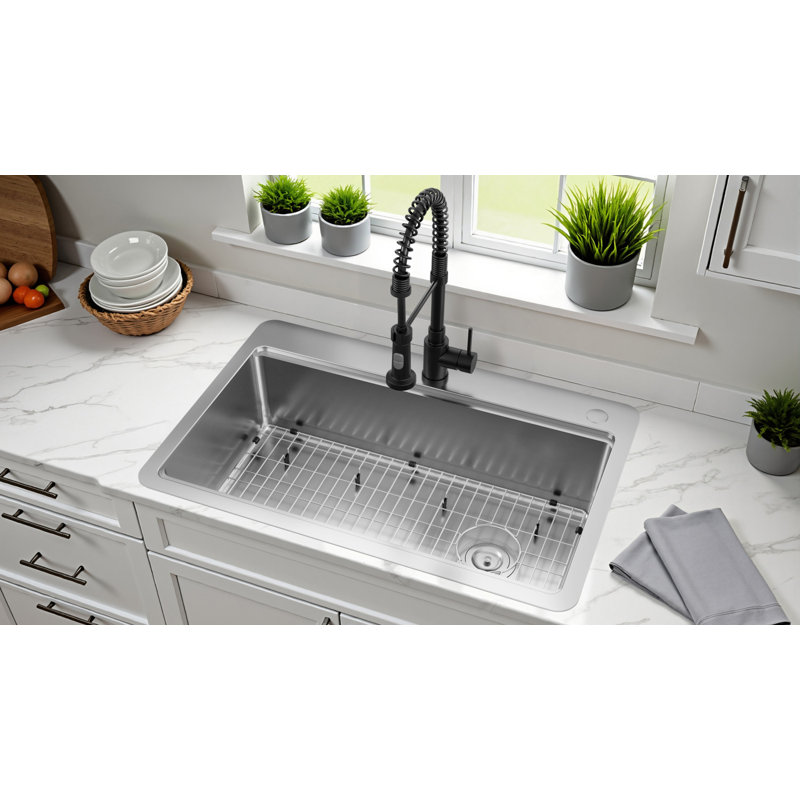 Évier de cuisine en acier inoxydable à cuve simple avec drain Kingston, 2