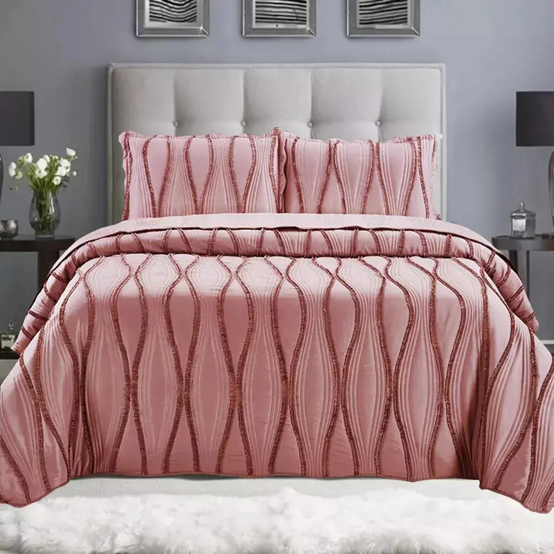 3 Piece Quilted Bedspread Reversible Comforter Bedding Set Bed Throw, Double Bedspread + 2 Standard Shams, Pink Floral