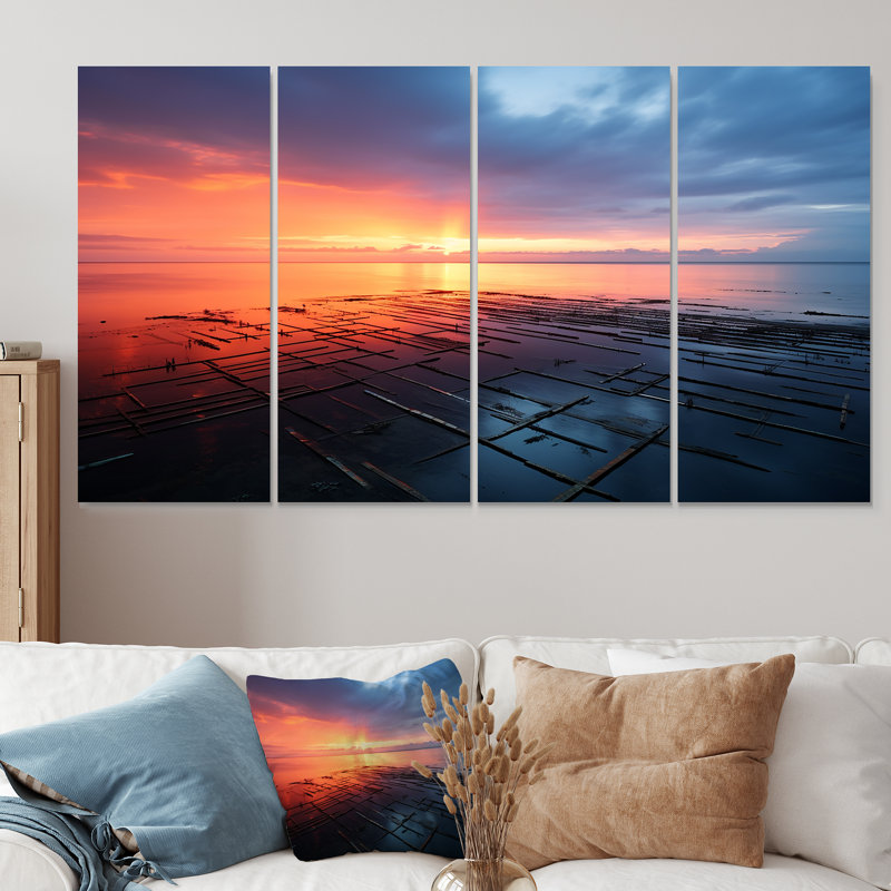 «Pink and Blue Pier Horizon Sunset III - Coastal Pier», art mural 4 pièces pour le salon, H 28 po x l 48 po
