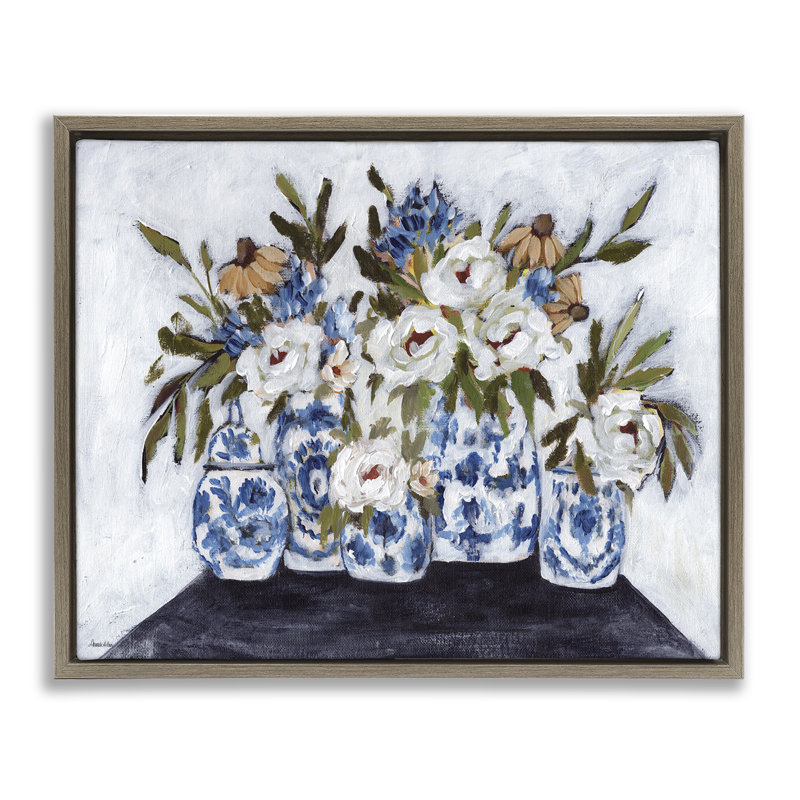  «Ornate Flower Pots Still Life», toile encadrée flottante brune par Amanda Hilburn, Cadre flottant orme Montalcino