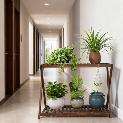 2-Tier Wooden Plant Stand With X-Cross Design For Indoor And Outdoor Use, Space-Saving Corner Shelf For Plants In Living Room, Garden, Patio, And Balc by Arlmont & Co.