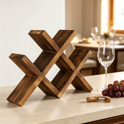 Rustic Brown Wood Wine Rack for Countertop - Country Farmhouse Style, Compact Storage for Kitchen, Bar, and Dining Room, Holds Four Wine Bottles