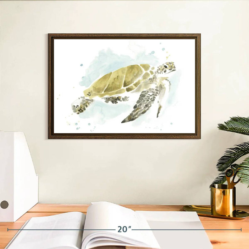 Étude de tortues de mer à l'aquarelle I, 13 po x 9 po, Cadre flottant noyer