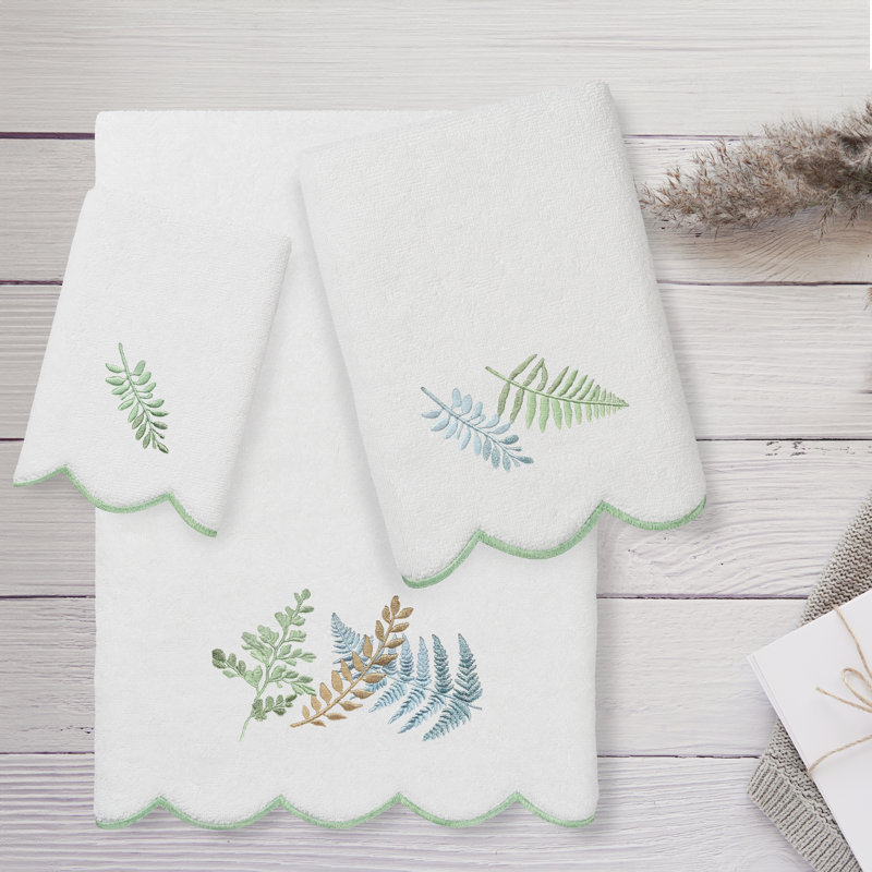  100% Turkish Cotton FERN TOSS Scallop 3PC Embellished Towel Set, 3 Piece Towel Set, White/Beige