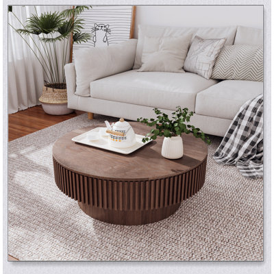Table basse ronde de 31,5 po avec rangement caché, placage en bois massif, mobilier d'appoint moderne et fonctionnel