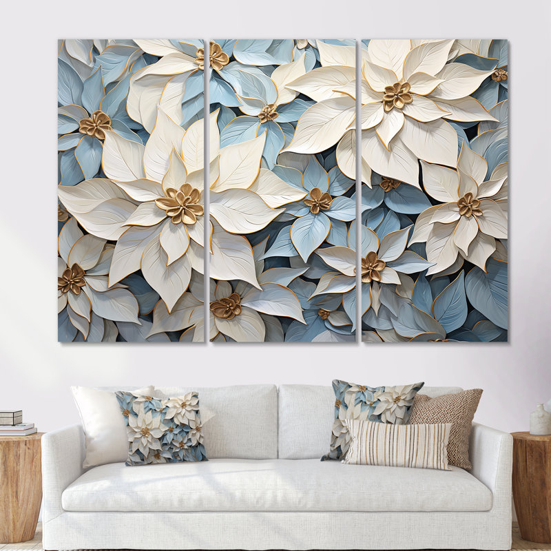 Ensemble de décoration murale poinsettias beige et bleu, H 28 po x l 36 po x P 1 po, Toile tendue