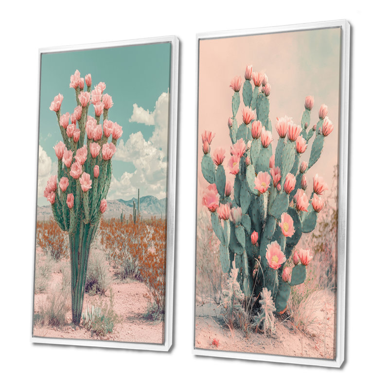 Pastel cactus en fleurs dans le désert III - art mural floral 2 panneaux, H 40 po x l 41 po, Cadre flottant blanc