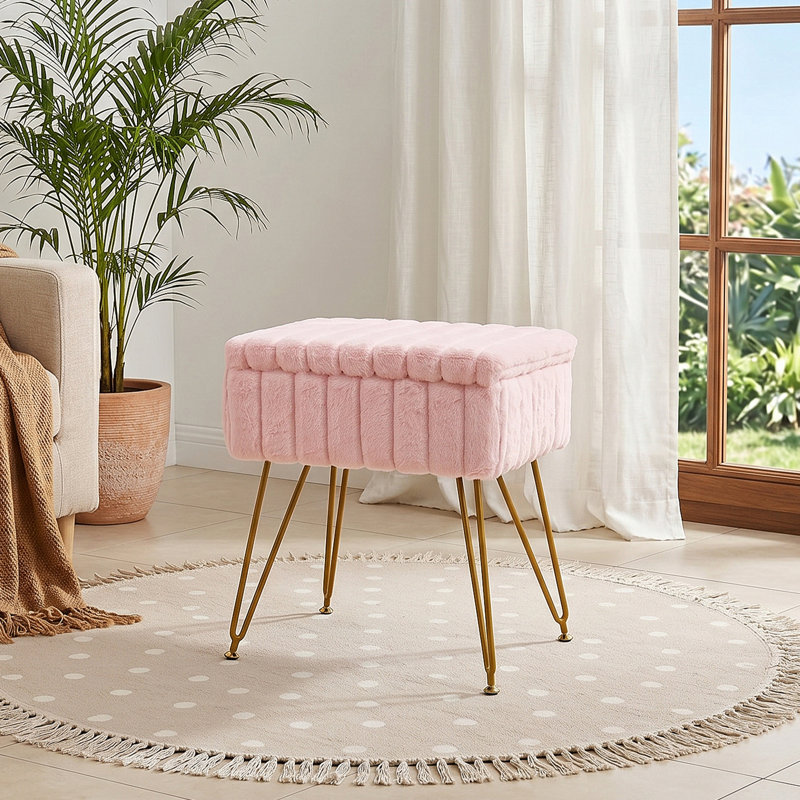 Solid Wood Accent Stool, Pink, Faux Fur