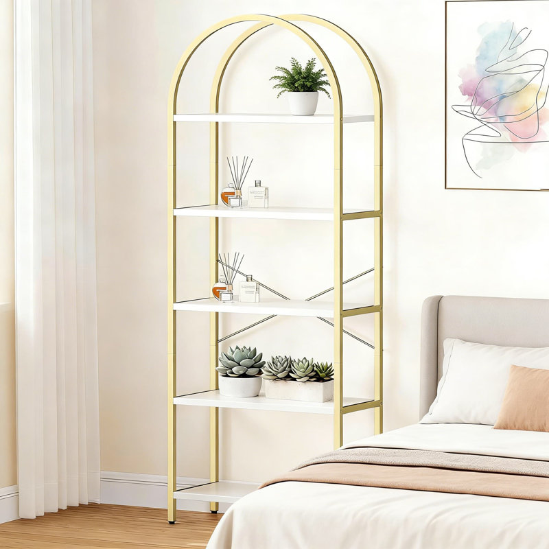 Industrial Arched Bookshelf, 5-Tier Open Bookcase With Metal Frame, Modern Freestanding Display Storage Shelf For Living Room, Bedroom, Or Office