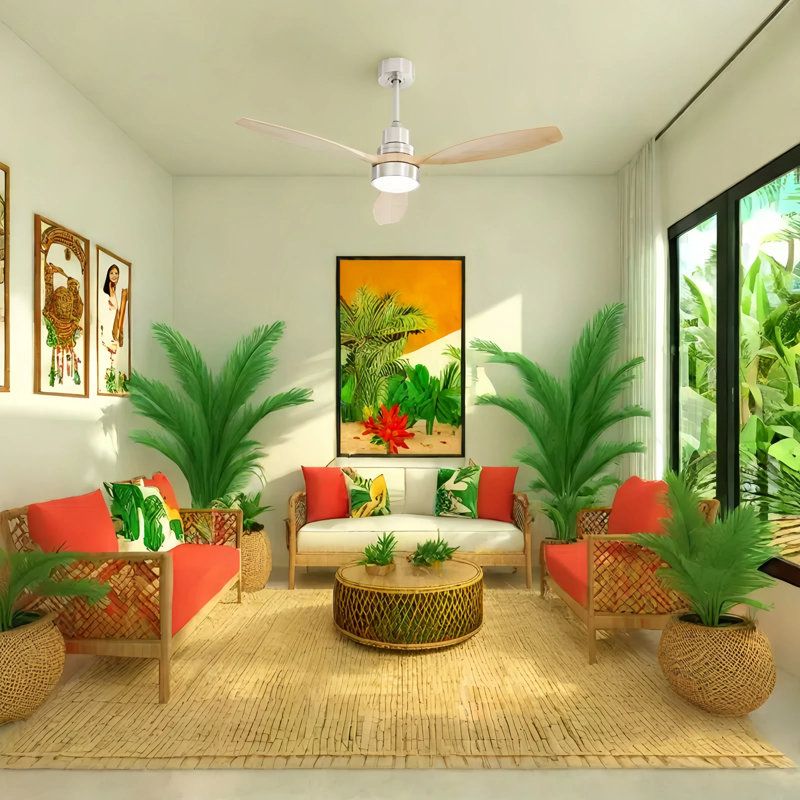 Auravista 52 In. Indoor Oak Blades Ceiling Fan Chrome Housing With LED Light Bulbs And Remote Control, Light Yellow