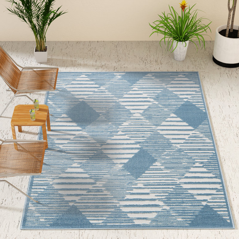 Tapis turc à motif géométrique intérieur / extérieur à poils courts bleu foncé / crème pour patio, terrasse, porche ou entrée