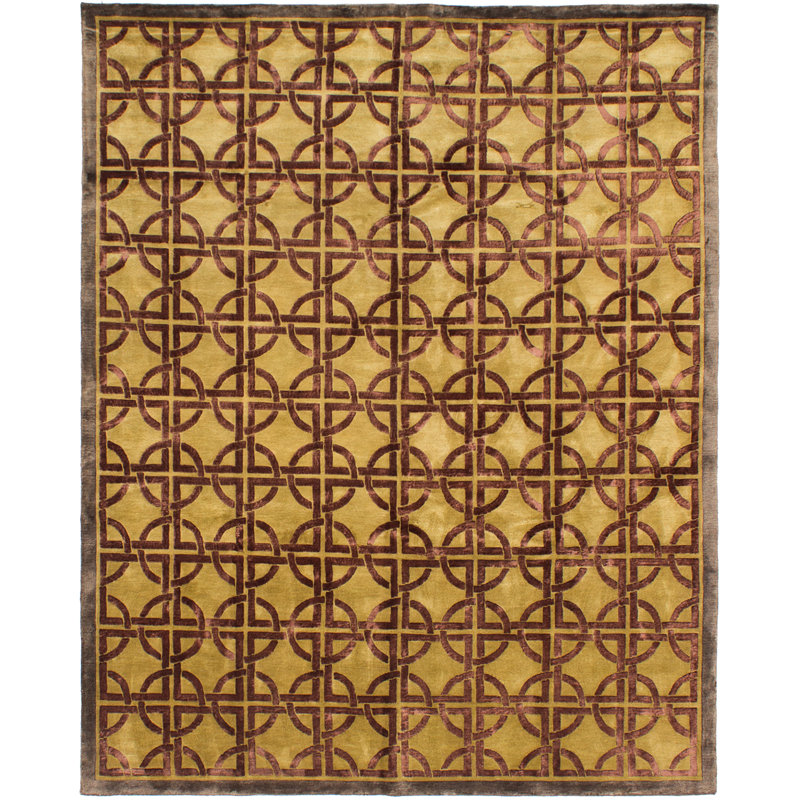 Tapis en laine/soie bourgogne/kaki okean à la main noué la, Rectangle 7 pi 9 po x 9 pi 9 po