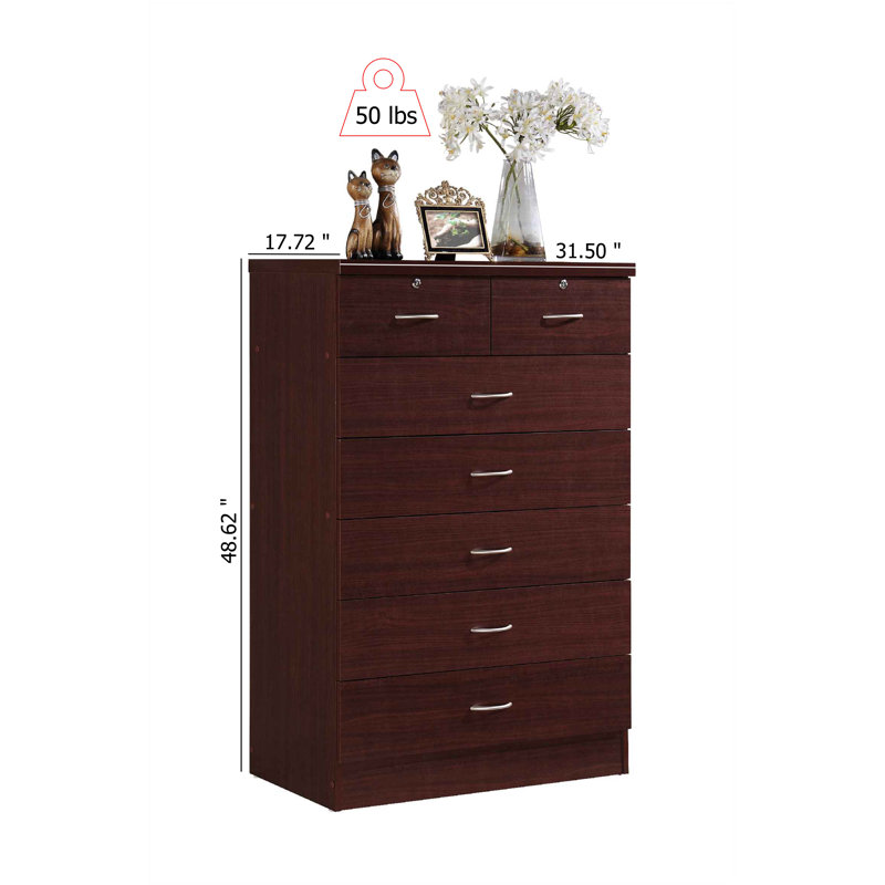 Mahogany Vertical 7-Drawer Dresser Chest with Dual Locks
