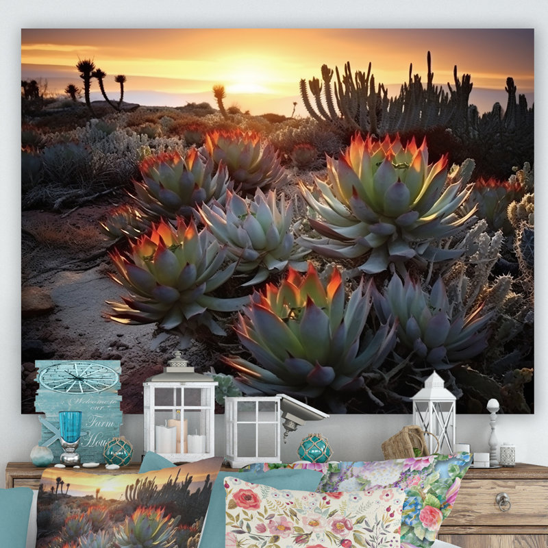 «Succulent Desert Cactus Field Burning Sunset III» - Art mural succulent, H 24 po x l 32 po x P 1 po, Toile tendue