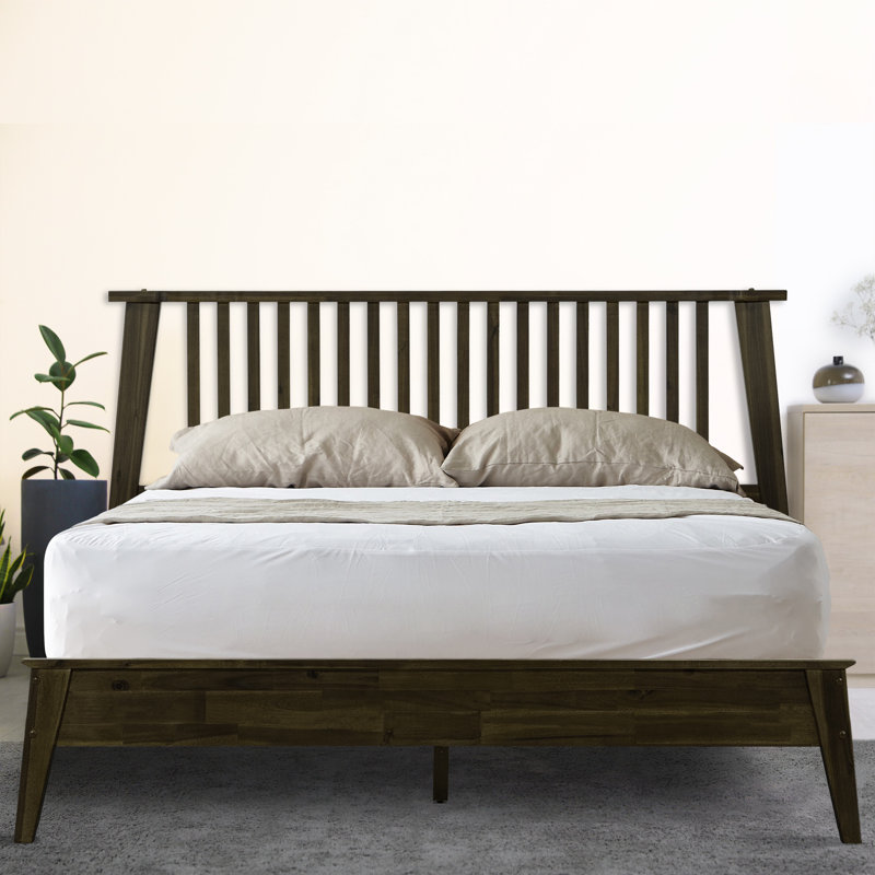 Mocha Queen Solid Wood Bed Frame with Slatted Headboard