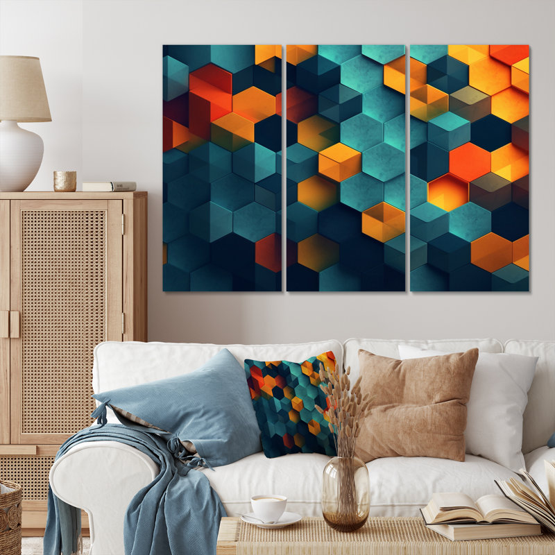 Abstraction géométrique orange et turquoise sur toile, 3 pièces, H 28 po x l 36 po x P 1 po