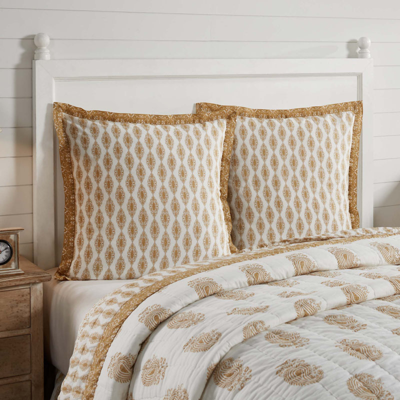 Gold and White Cotton Euro Sham with Paisley Pattern