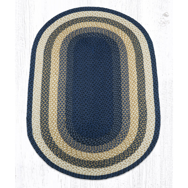  Light Blue, Dark Blue & Mustard Oval Braided Rug – Handcrafted Quality, Oval 3' x 5'