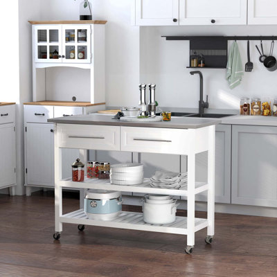 Îlot de cuisine avec plateau en acier inoxydable, tablettes ouvertes et tiroirs HOMcom, gris