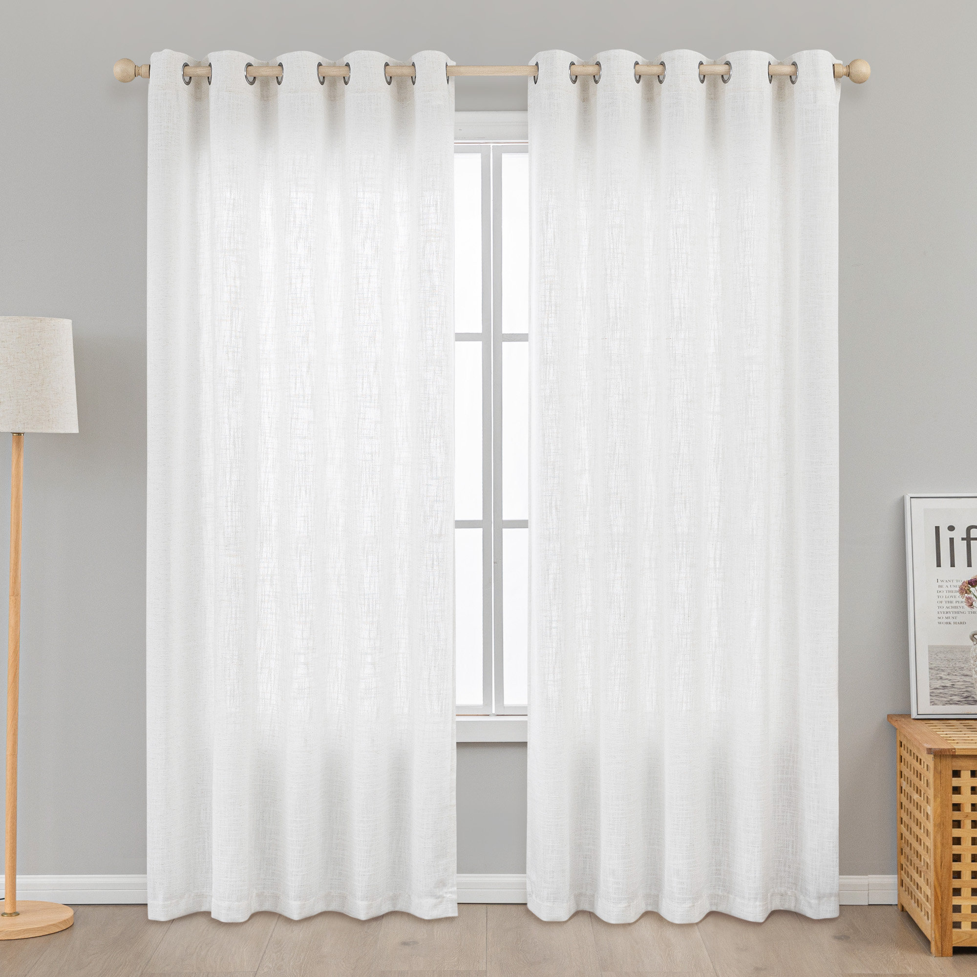 Kambi Slub Textured Linen Blended Semi-Sheer Grommet Curtain Pair, White, 69" W x 84" L