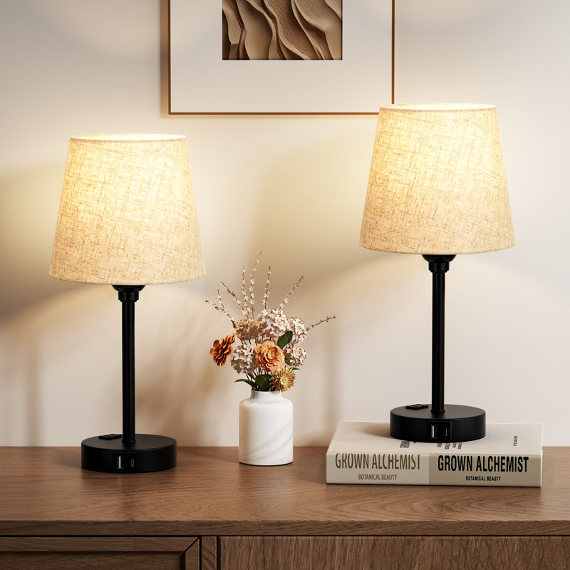 15'' Minimal Table Lamp Set with Touch Control, AC Outlet and USB A&C Ports, Beige, Black