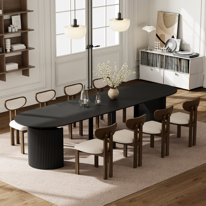 Ensemble de table de salle à manger extensible Modern Farmhouse, Black, 9 Pieces: Table, 8 Chairs, Beige