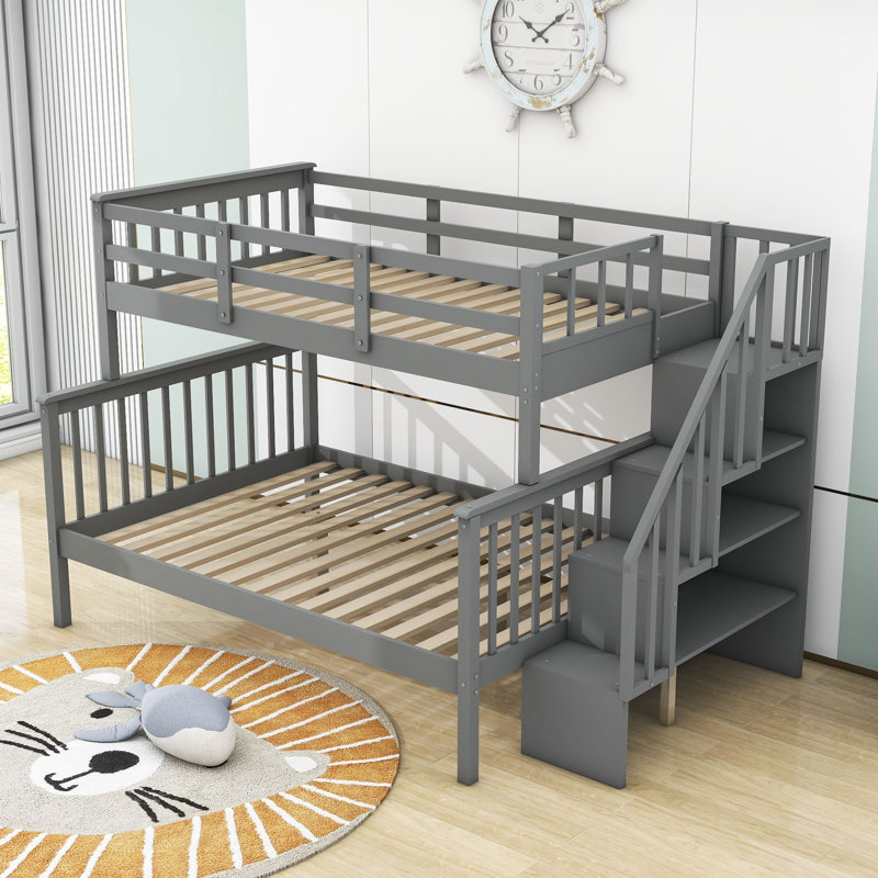 Rasime Twin Over Full Wood Bunk Bed with 3 Shelves, Gray