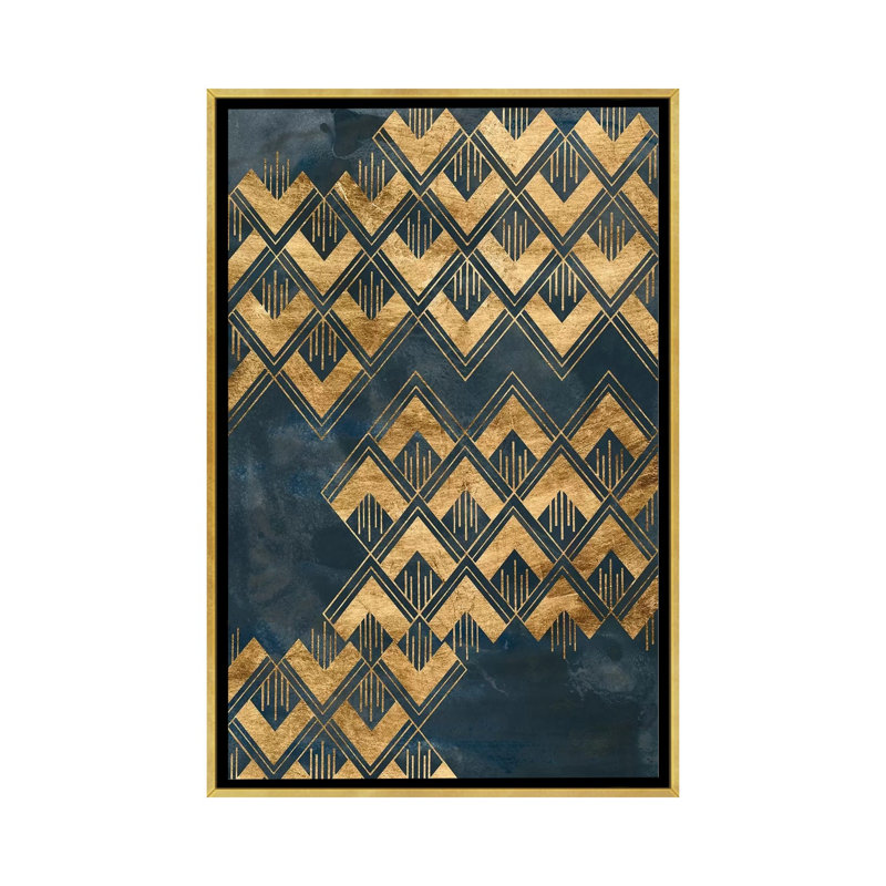 Imprimé bleu II de June Erica, Toile encadrée d'or, H 40 po x l 26 po x P 1,5 po