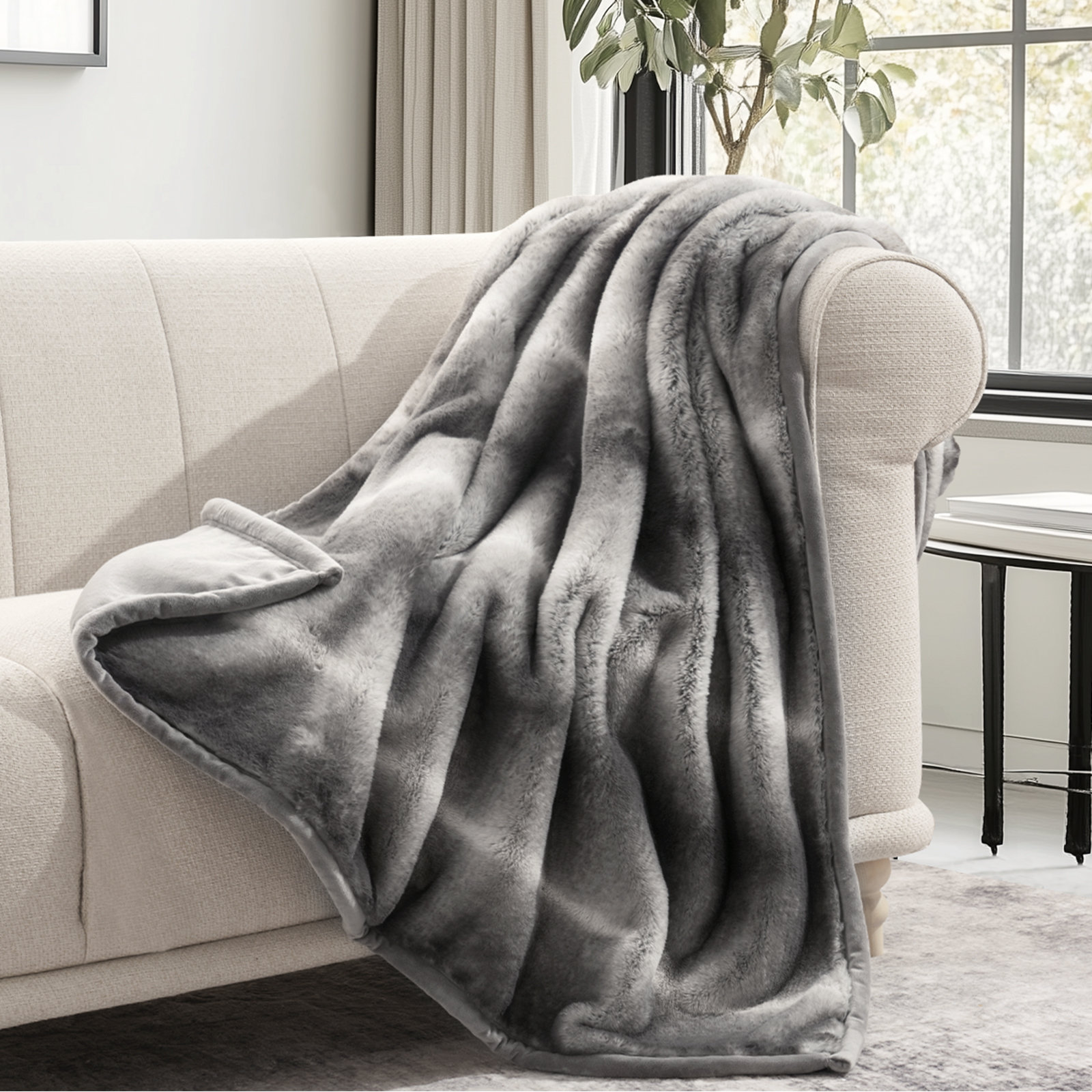 Luxury Mink Faux Fur Throw Blanket, 60" W x 80" L, Ombré Silver Onyx