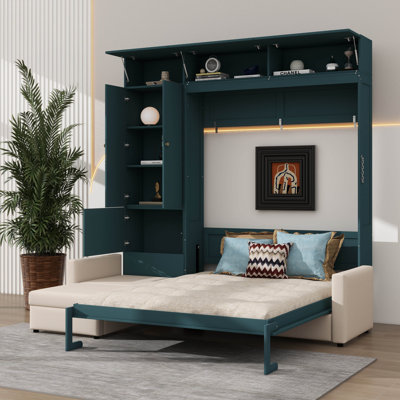 Queen-Size Murphy Bed With Attached Sofa And Built-In Storage Compartments