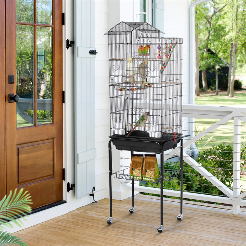 158.5cm Iron Pointed Top Floor Bird Cage with Wheels, Black